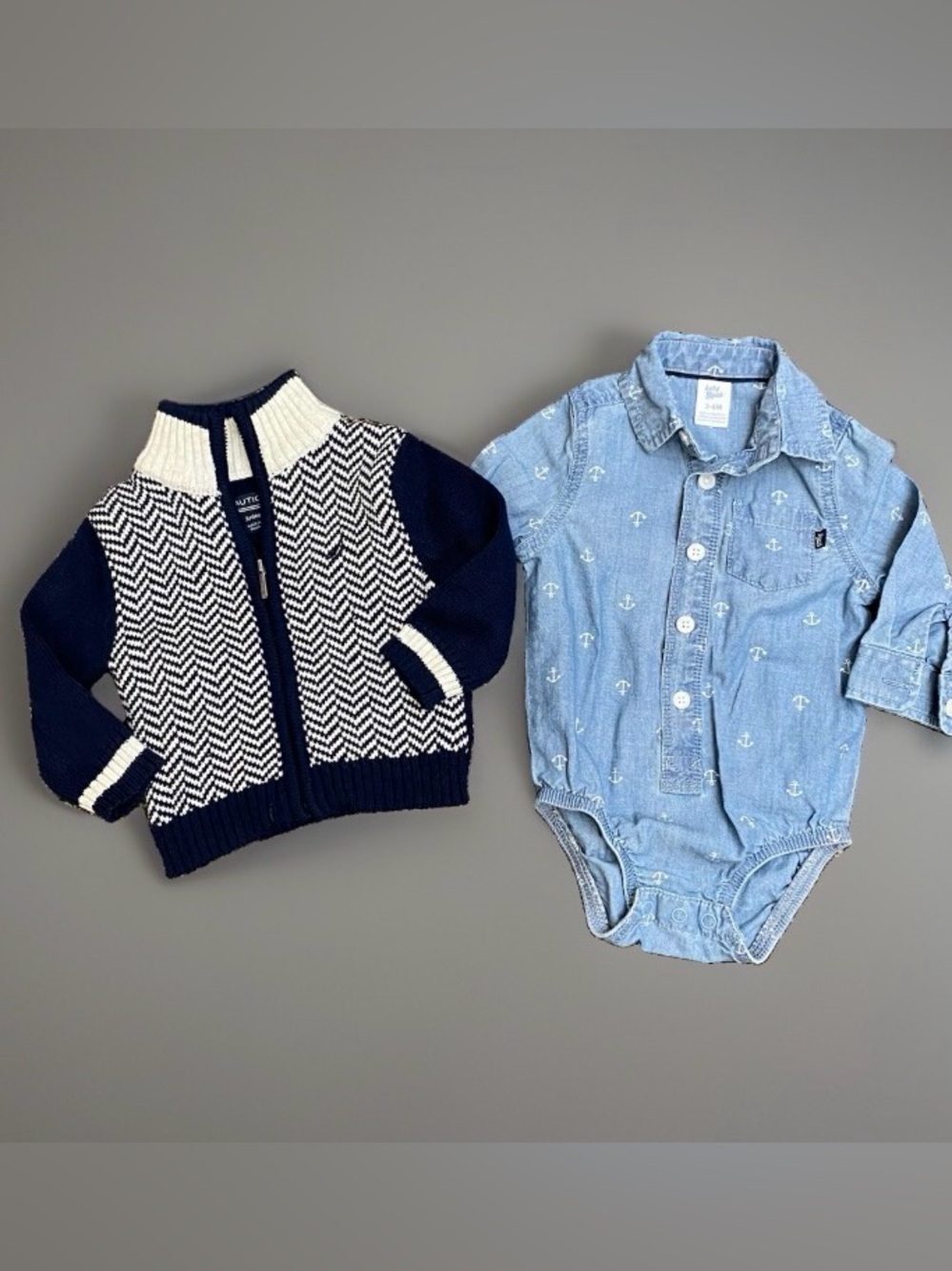 Nautica Zip Knit Sweater & OshKosh Chambray Bodysuit Set Baby Boy 3-6 Months